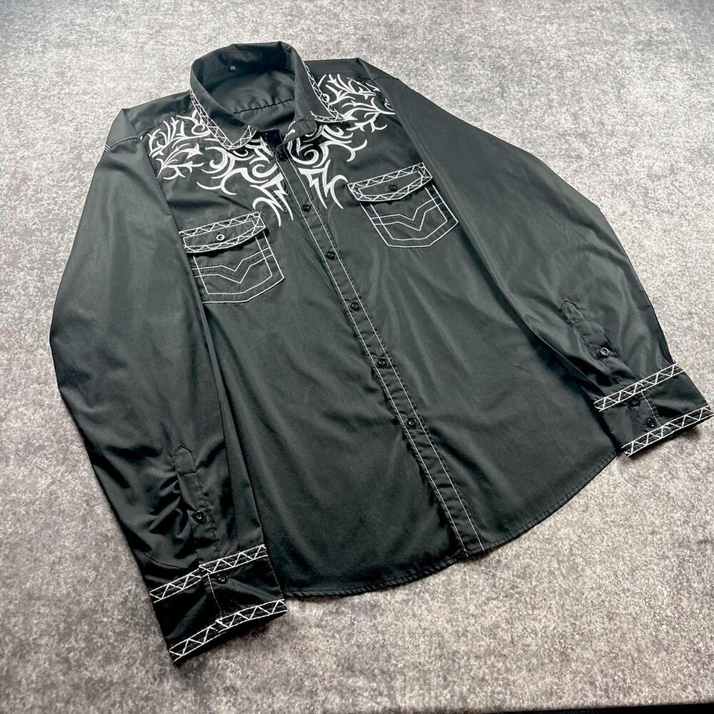 Men’s 2XL Black Embroidered Button Up Shirt Gothic Y2K Western Rockabilly
